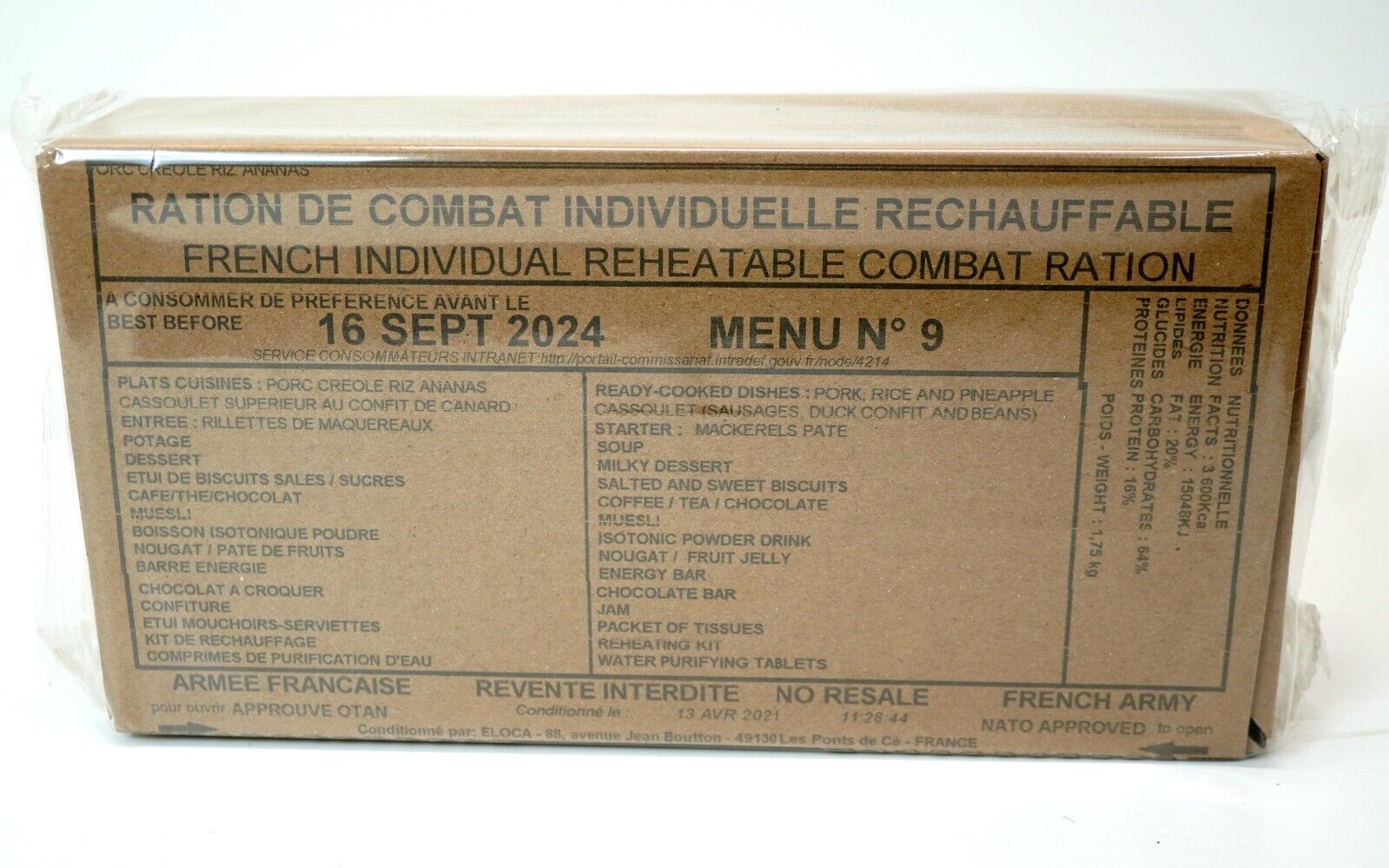 French Army RCIR Ration Pack Menu 9 (Expiry SEP 2024) 24 Hour Meal Military NATO