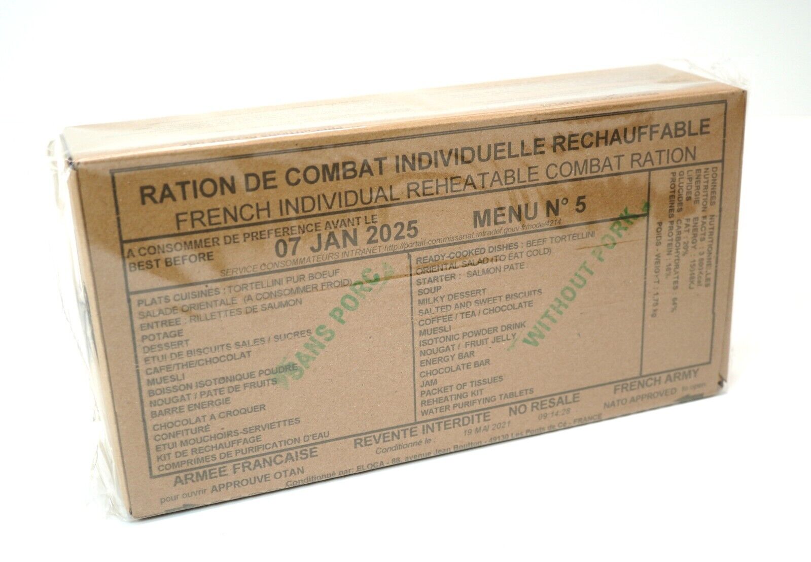 French Army RCIR Ration Pack Menu 5 (Expiry Jan 2025) 24 Hour Meal Military