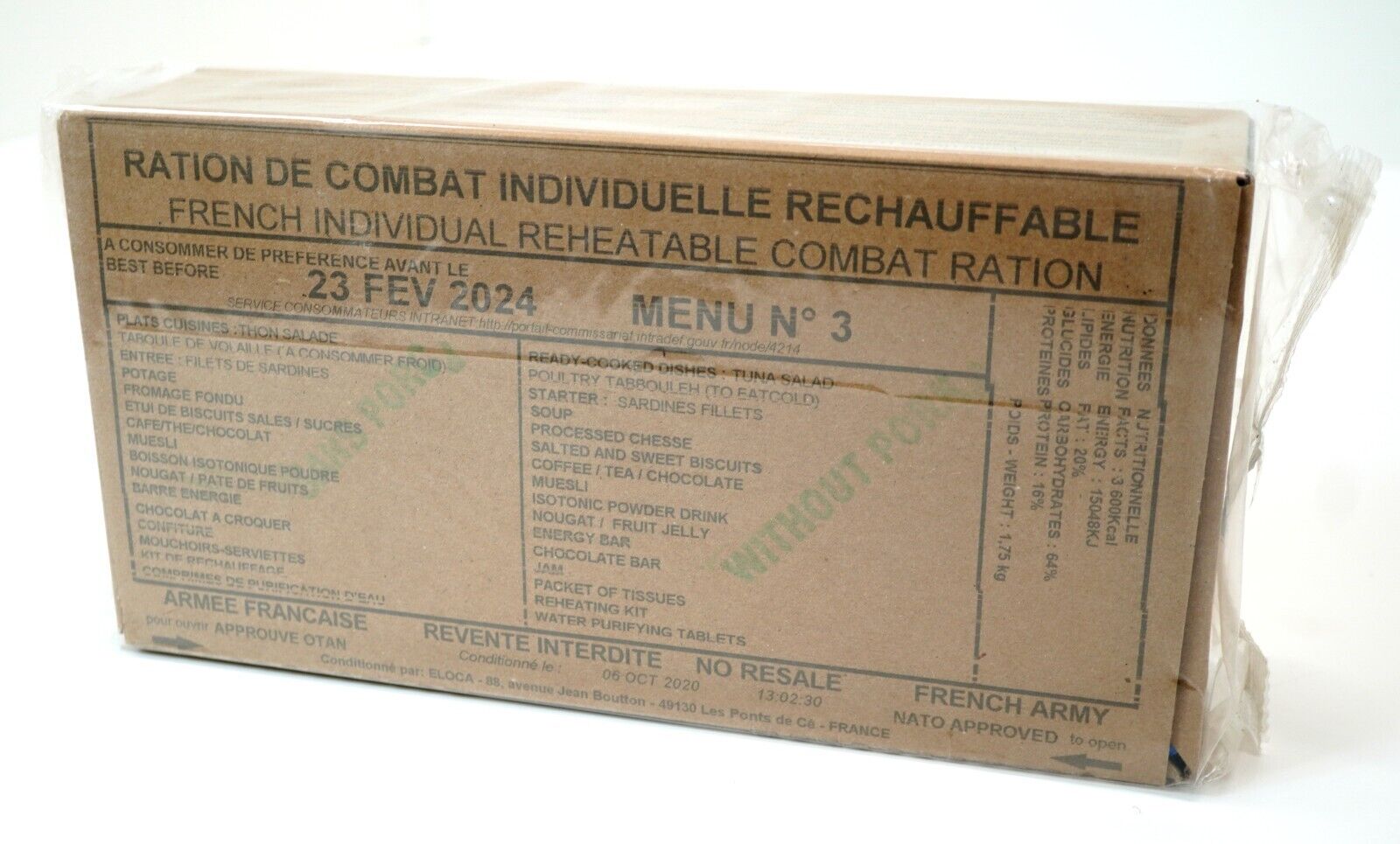 French Army RCIR Ration Pack Menu 3 (Expired FEB 2024) 24 Hour Meal Military MRE