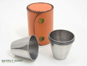 Vintage Stirrup Cups x4 Set With Leather Case Hunting Shooting Military Shot Cup