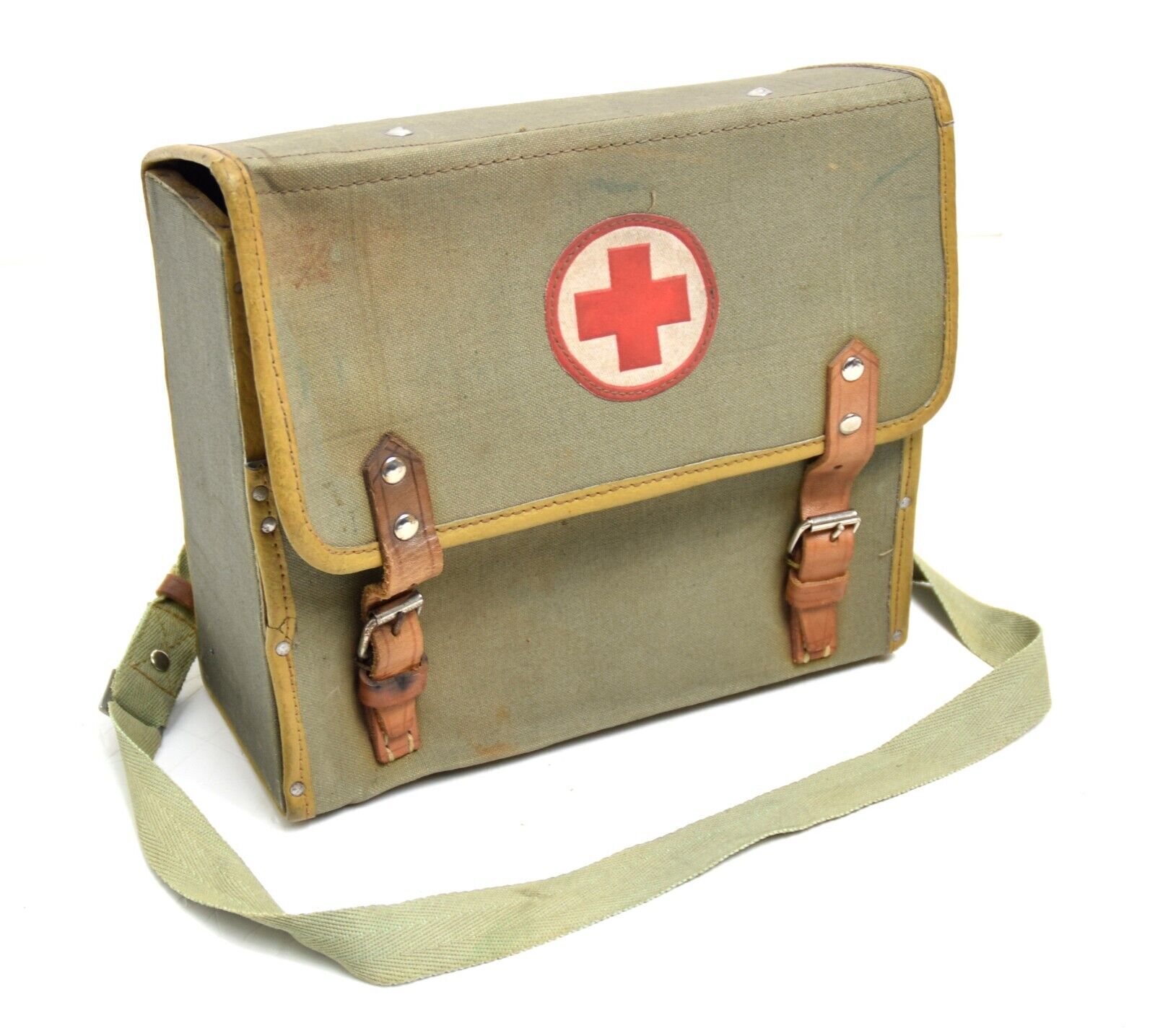 Vintage 1950's First Aid Bag Satchel Box Case Wooden Frame With Canvas & Leather