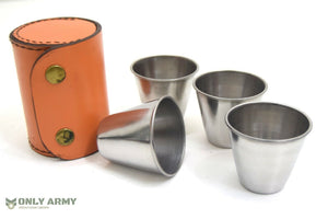 Vintage Stirrup Cups x4 Set With Leather Case Hunting Shooting Military Shot Cup