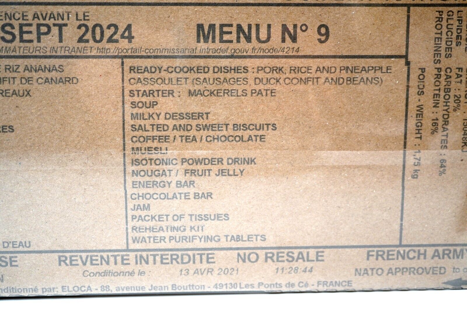 French Army RCIR Ration Pack Menu 9 (Expiry SEP 2024) 24 Hour Meal Military NATO