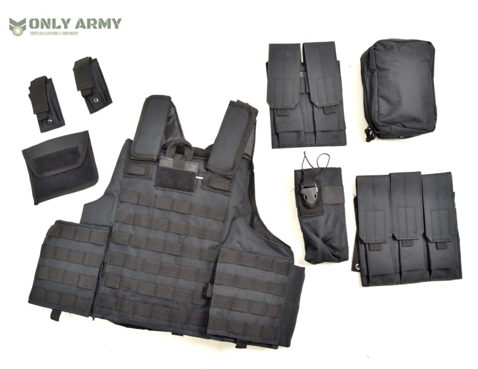 British Army SAS SF Style Complete MOLLE Combat Vest With Pouches Black Airsoft