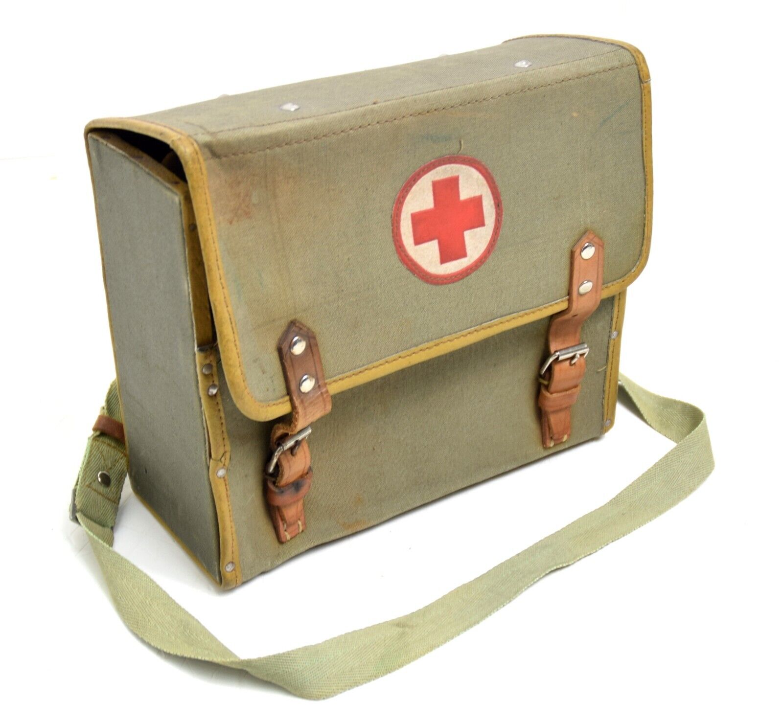 Vintage 1950's First Aid Bag Satchel Box Case Wooden Frame With Canvas & Leather