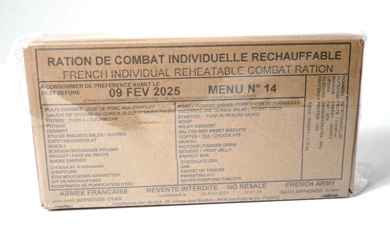 French Army RCIR Ration Pack Menu 14 (Expiry Feb 2025) NATO 24 Hour Meal MRE.
