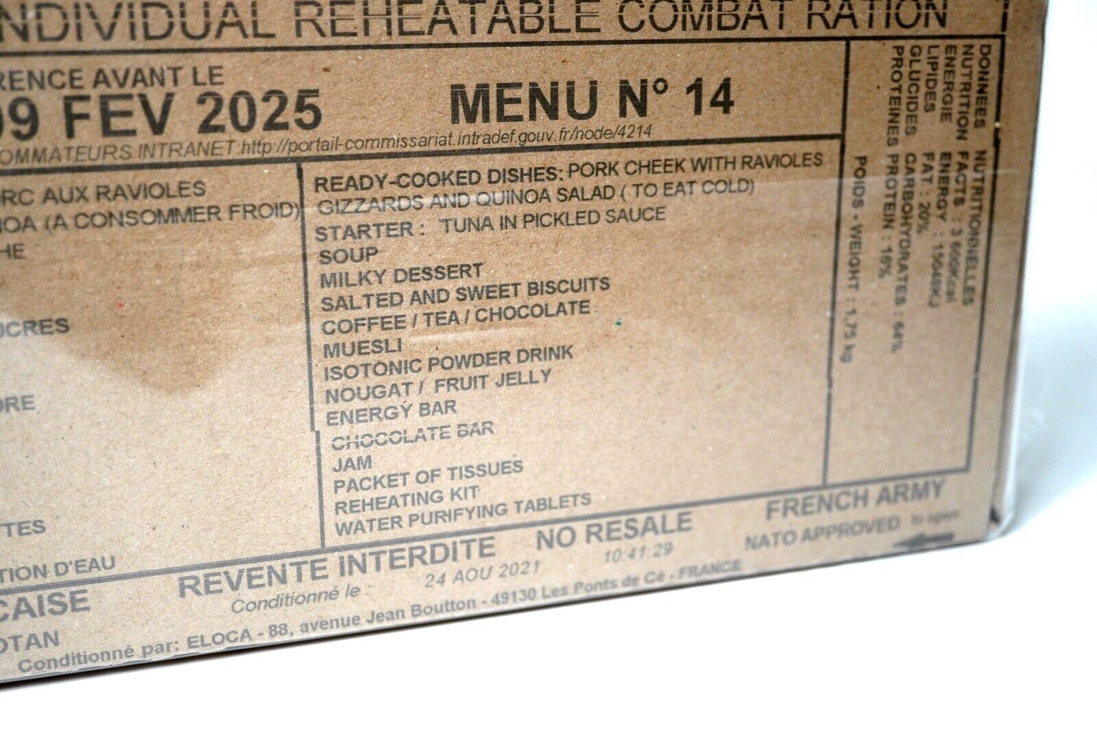 French Army RCIR Ration Pack Menu 14 (Expiry Feb 2025) NATO 24 Hour Meal MRE.