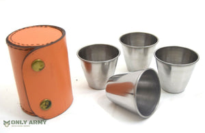 Vintage Stirrup Cups x4 Set With Leather Case Hunting Shooting Military Shot Cup
