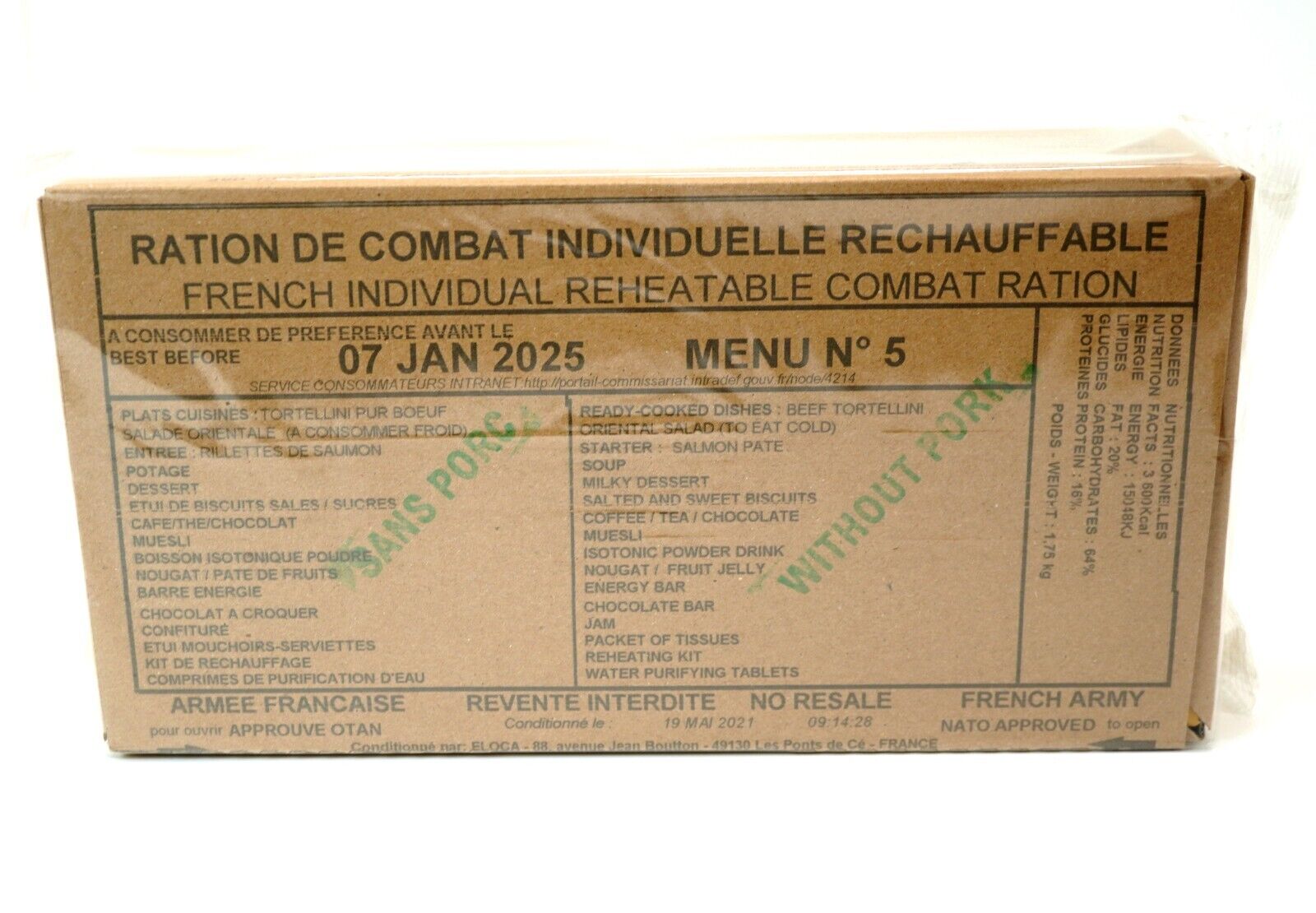 French Army RCIR Ration Pack Menu 5 (Expiry Jan 2025) 24 Hour Meal Military