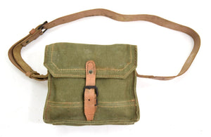 Vintage French Army Canvas Satchel With Leather Strap Ammo Magazine Mussete Bag