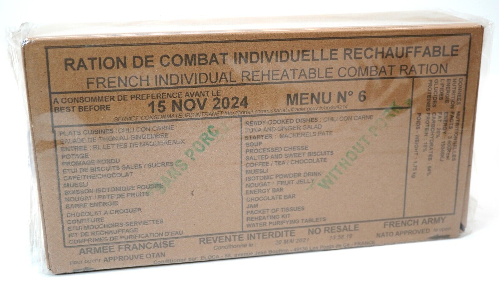 French Army RCIR Ration Pack Menu 6 (Expiry NOV 2024) 24 Hour Meal Military NATO