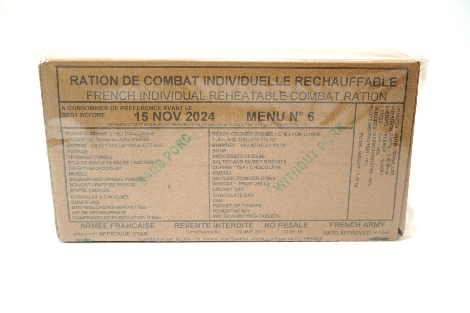 French Army RCIR Ration Pack Menu 6 (Expiry NOV 2024) 24 Hour Meal Military NATO