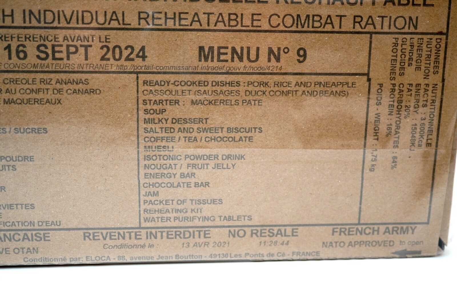 French Army RCIR Ration Pack Menu 9 (Expiry SEP 2024) 24 Hour Meal Mil ...
