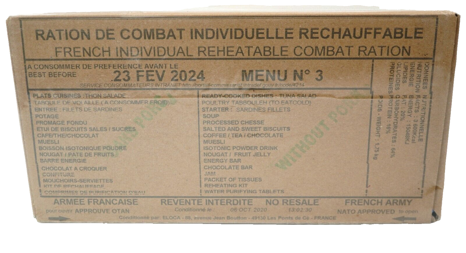 French Army RCIR Ration Pack Menu 3 (Expired FEB 2024) 24 Hour Meal Military MRE