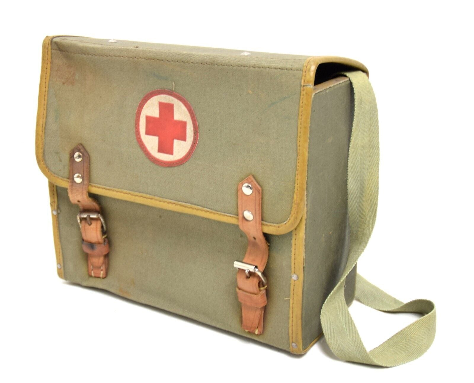 Vintage 1950's First Aid Bag Satchel Box Case Wooden Frame With Canvas & Leather