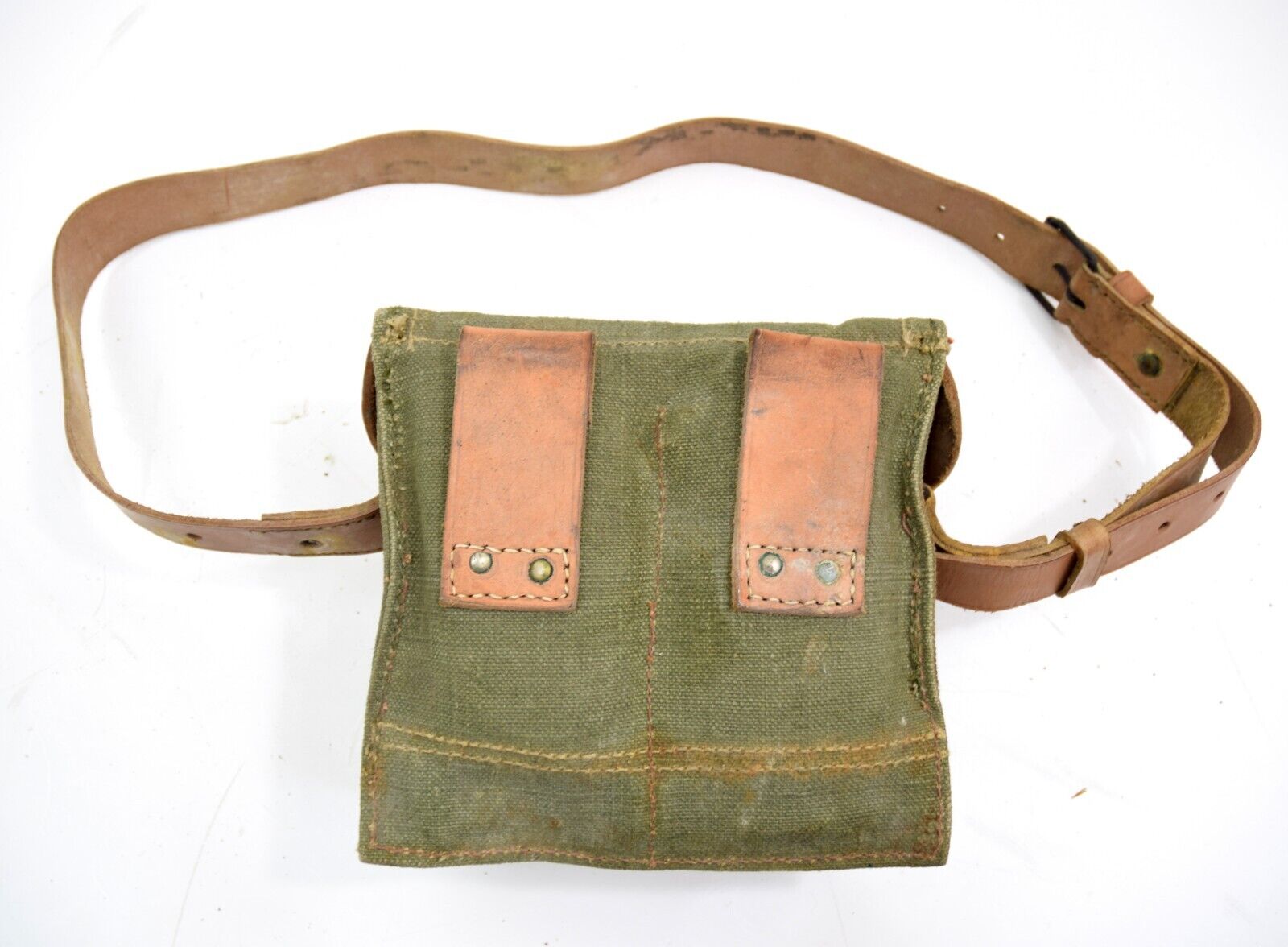 Vintage French Army Canvas Satchel With Leather Strap Ammo Magazine Mussete Bag