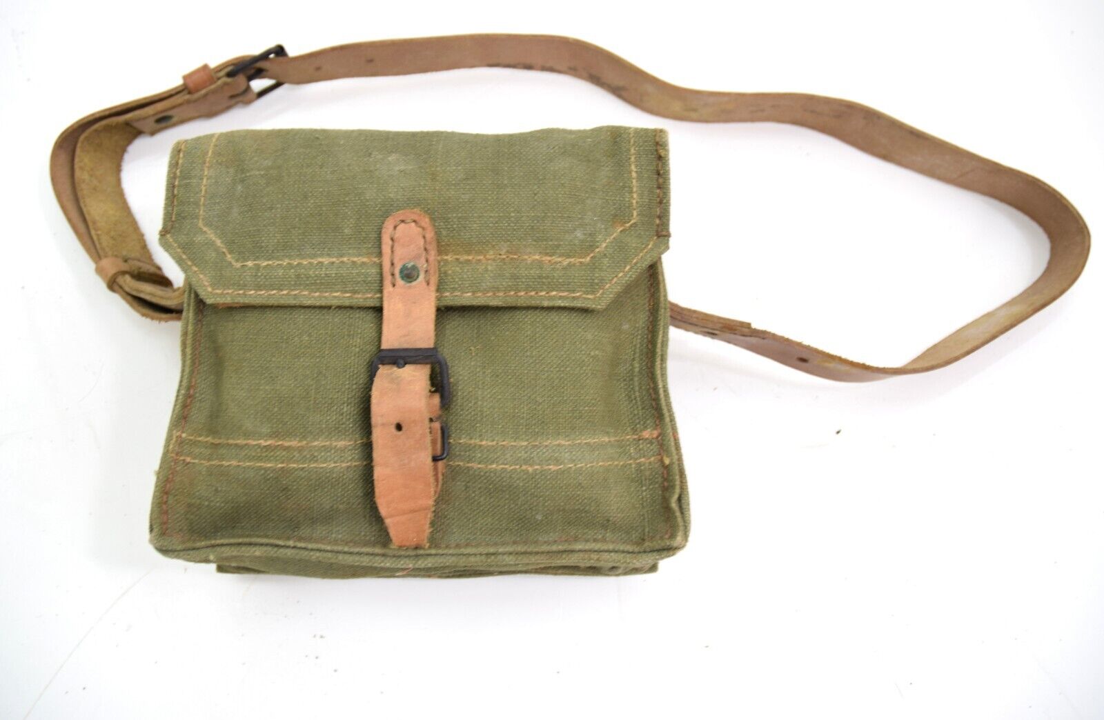 Vintage French Army Canvas Satchel With Leather Strap Ammo Magazine Mussete Bag
