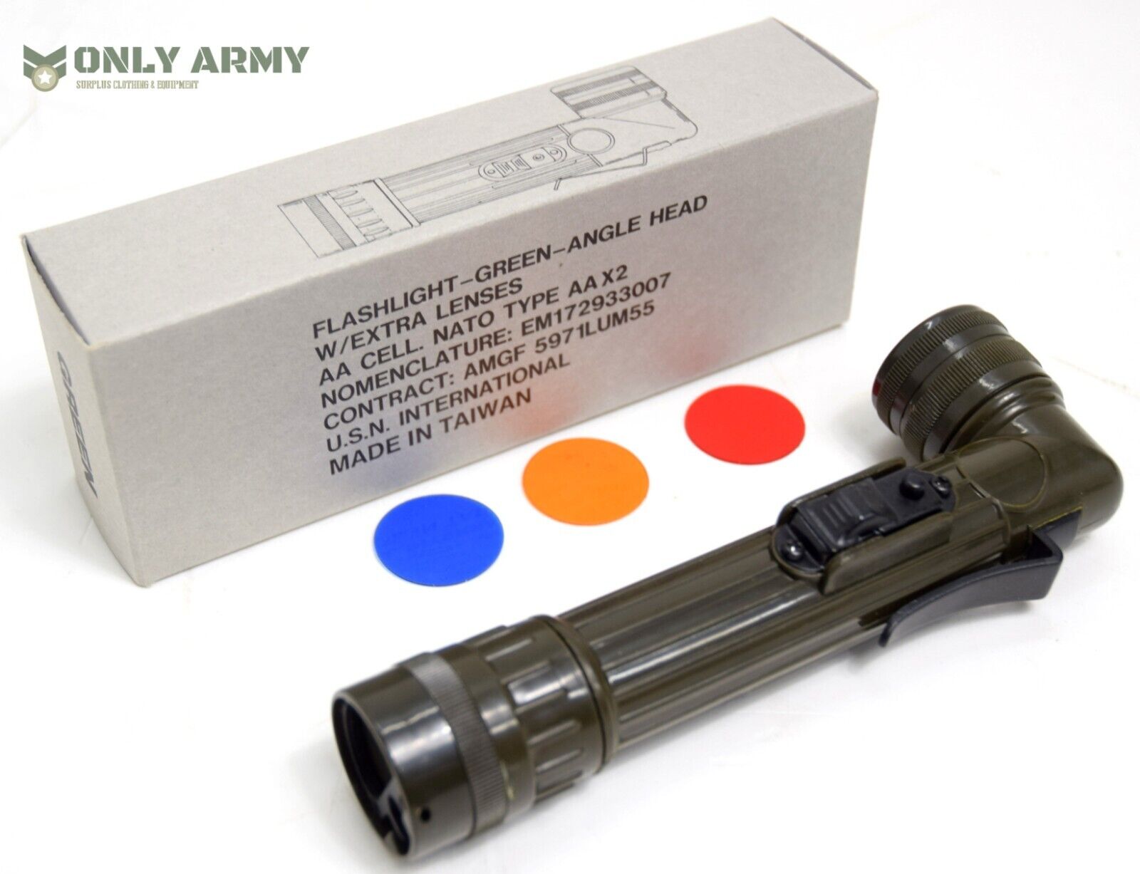British Army Mini Angle Torch Flashlight With Filter Olive Green Cadet Military