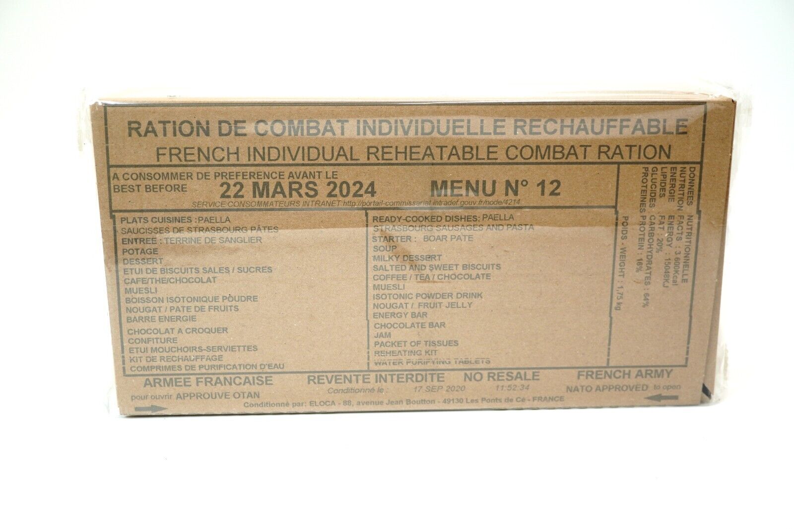 French Army RCIR Ration Pack Menu 12 (Expired March 2024) 24 Hour Meal Military