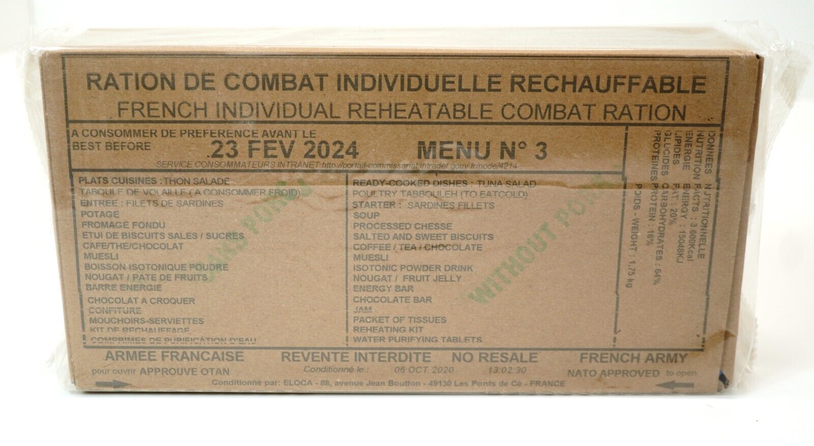 French Army RCIR Ration Pack Menu 3 (Expired FEB 2024) 24 Hour Meal Military MRE