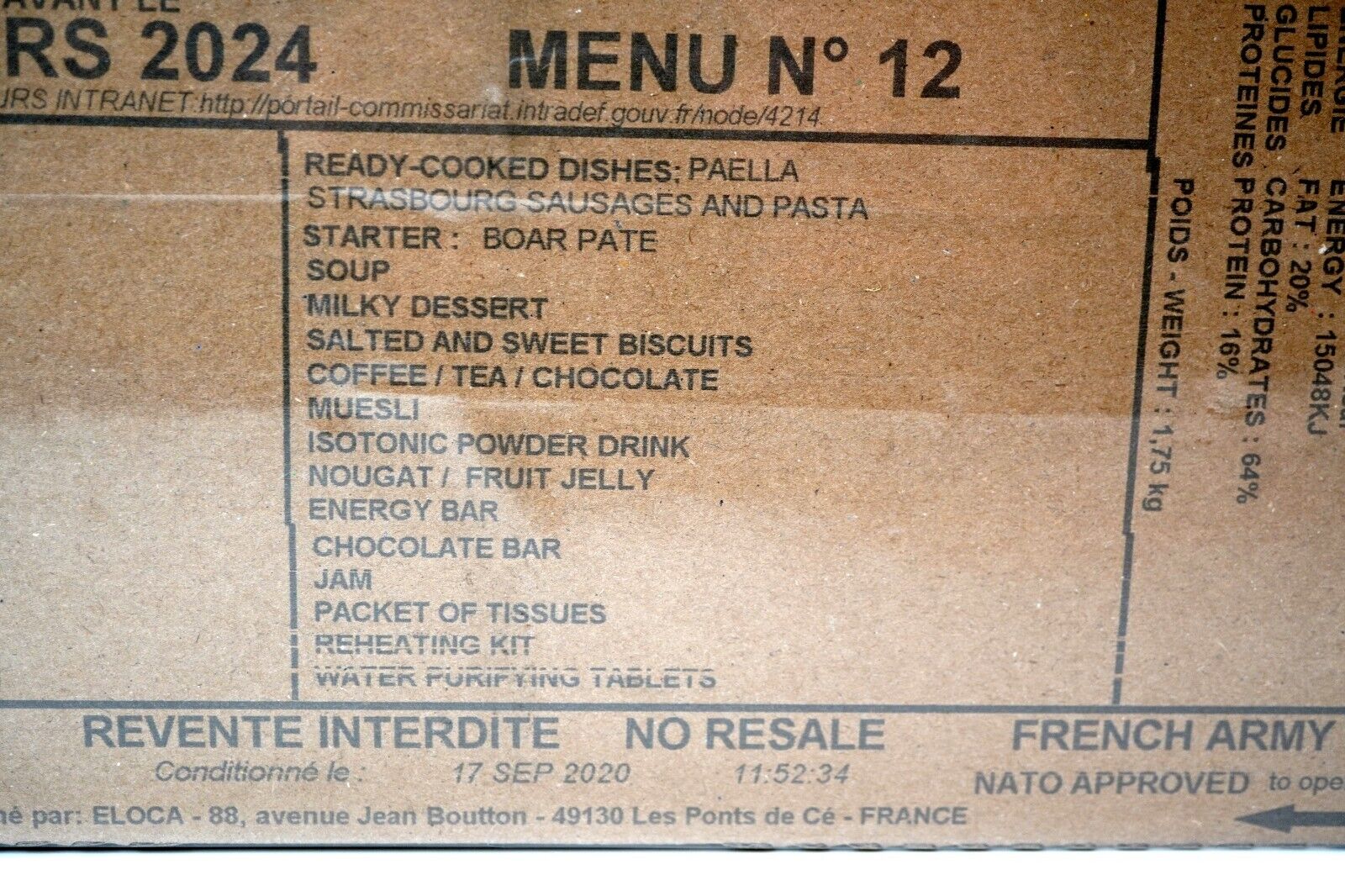 French Army RCIR Ration Pack Menu 12 (Expired March 2024) 24 Hour Meal Military