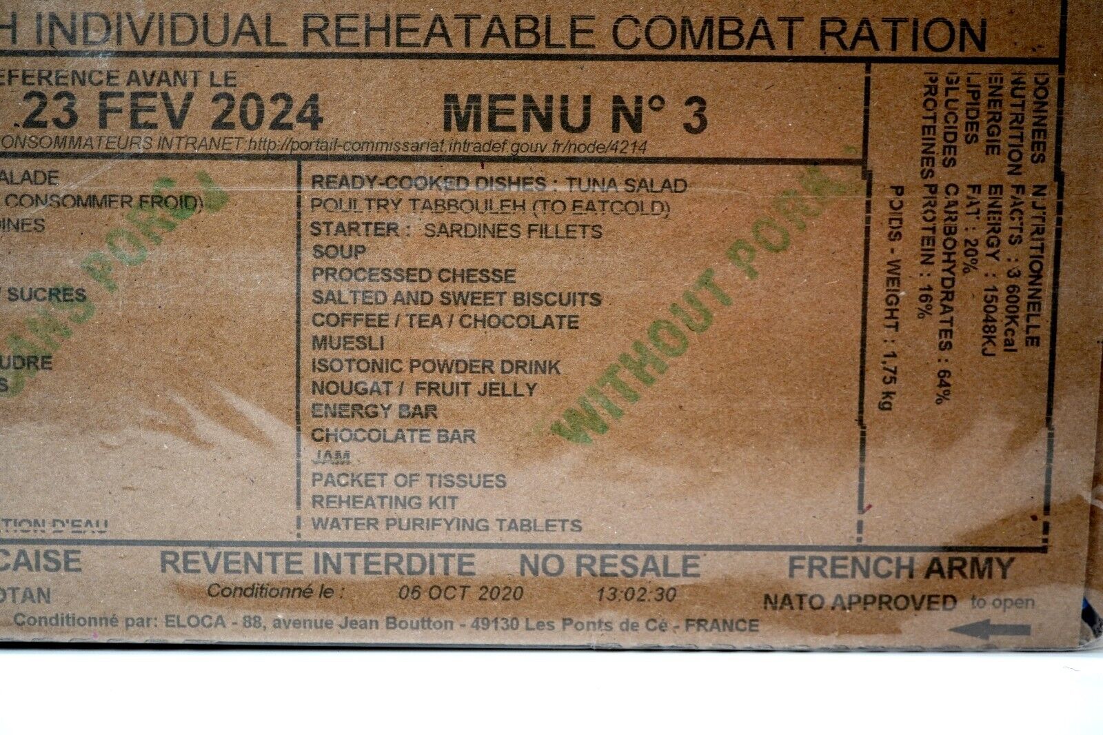 French Army RCIR Ration Pack Menu 3 (Expired FEB 2024) 24 Hour Meal Mi ...