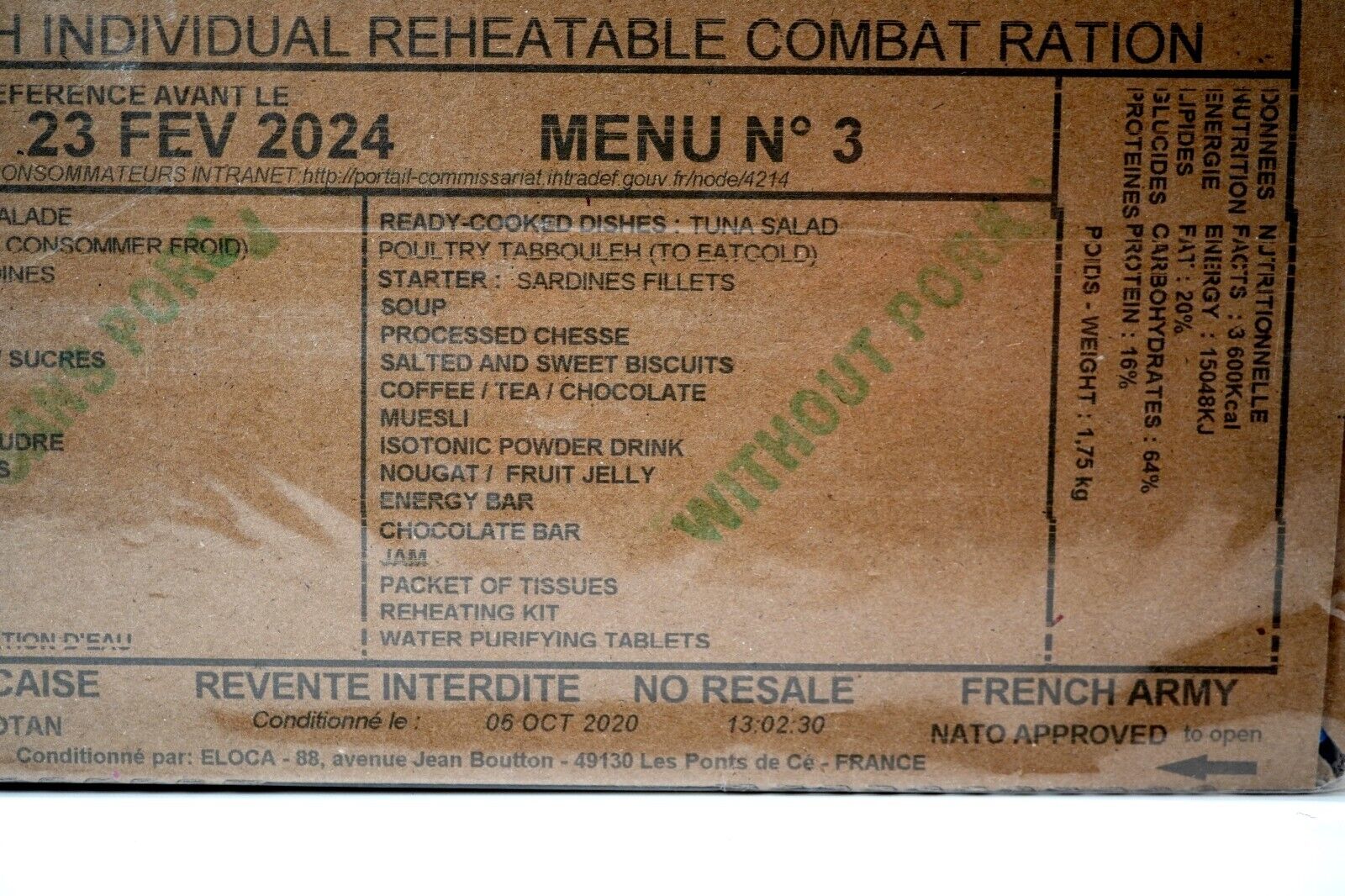 French Army RCIR Ration Pack Menu 3 (Expired FEB 2024) 24 Hour Meal Military MRE