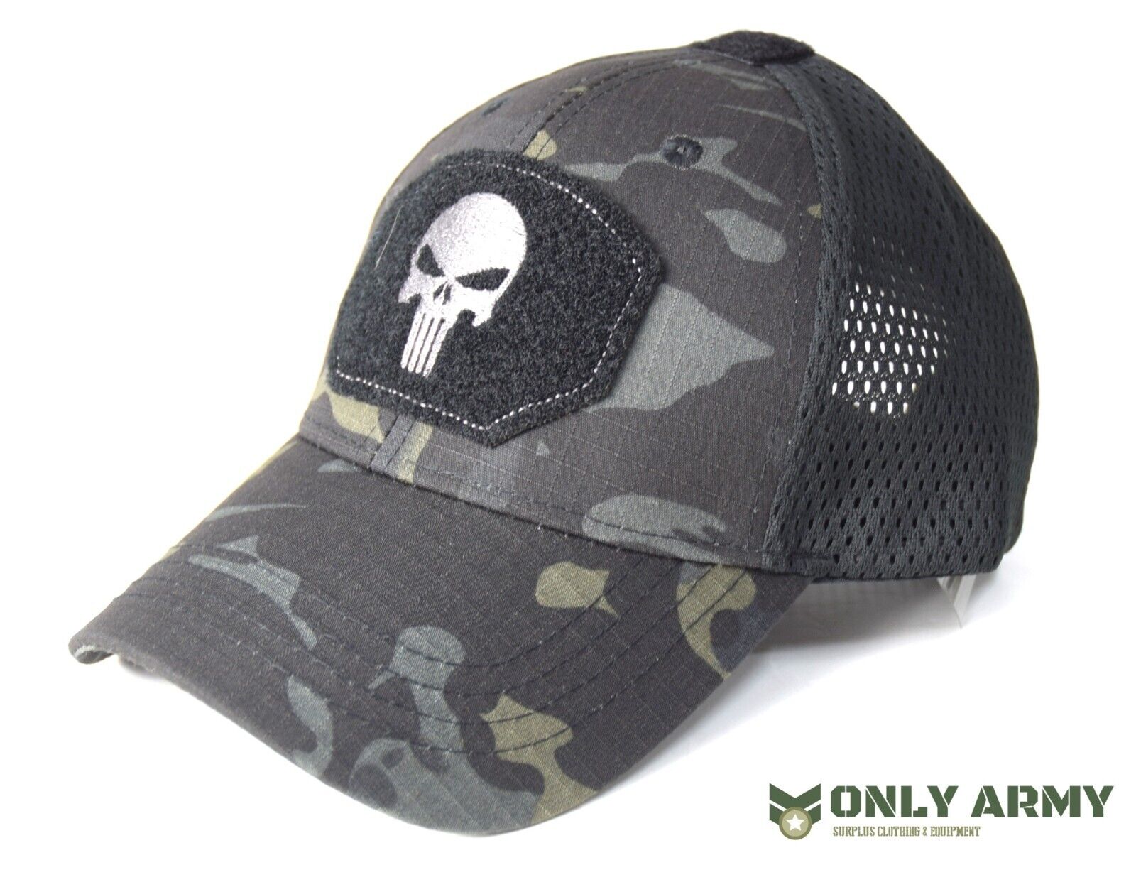 Black Camo PUNISHER Mesh Cap Panel Summer Hat Sniper Operators Baseball Skull