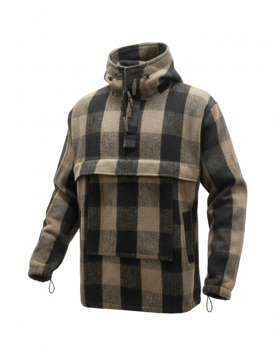 Vintage Army Wool Anorak / Smock Plaid Check Black/Grey Bushcraft Outdoor Camping Blanket Hoodie
