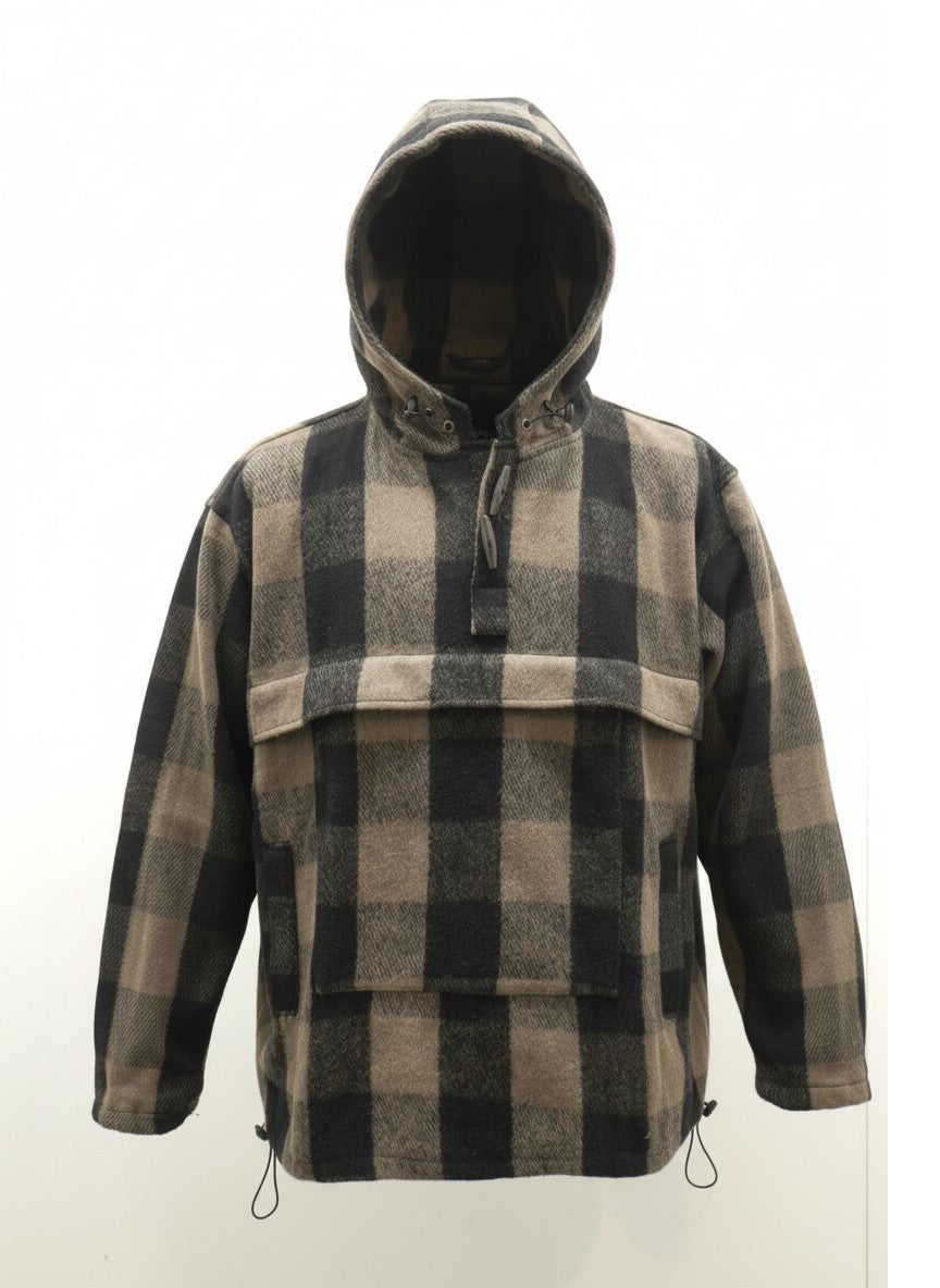 Vintage Army Wool Anorak / Smock Plaid Check Black/Grey Bushcraft Outdoor Camping Blanket Hoodie
